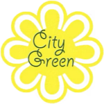A yellow flower with white accents forms the background, with the words City Green written in green cursive text at the center.