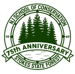 Green and white circular logo for the NJ School of Conservation at Stokes State Forest, featuring pine trees and text reading 75th Anniversary 1949 Stokes State Forest.