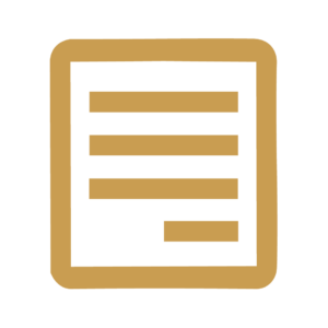 A simple gold icon of a document with three horizontal lines representing text and a rectangle at the bottom, suggesting a form or a list, on a white background.