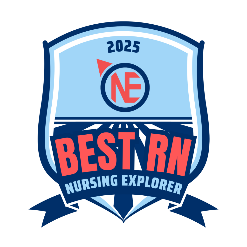 A blue and white badge with a red compass and needle labeled 2025 NE at the top. Large red text reads Best RN with smaller blue text below reading Nursing Explorer, recognizing top programs like the best colleges NJ offers. A ribbon decorates the bottom.
