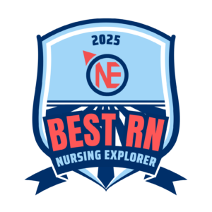A blue and white badge with a red compass and needle labeled 2025 NE at the top. Large red text reads Best RN with smaller blue text below reading Nursing Explorer, recognizing top programs like the best colleges NJ offers. A ribbon decorates the bottom.