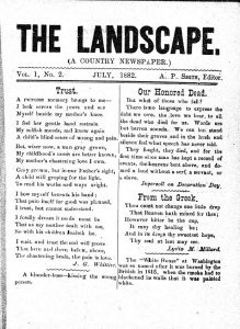 A black-and-white page from The Landscape newspaper, July 1882 issue, featuring poems titled Trust, Our Honored Dead, and From the Greek, along with editorial information at the top.