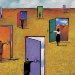 People stand in a vast field, each opening a large door in various colors, revealing different scenes such as mountains, night sky, or plain landscapes, symbolizing choices or opportunities.