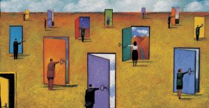 People stand in a vast field, each opening a large door in various colors, revealing different scenes such as mountains, night sky, or plain landscapes, symbolizing choices or opportunities.