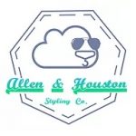Logo with an outline of a lion’s face wearing sunglasses, integrated with a cloud shape. The text “Allen & Houston Styling Co.” appears below in blue and green script within a geometric border.