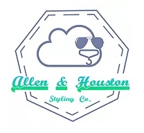 Logo with an outline of a lion’s face wearing sunglasses, integrated with a cloud shape. The text “Allen & Houston Styling Co.” appears below in blue and green script within a geometric border.