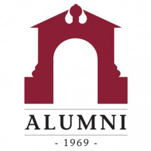 A maroon archway graphic above the word ALUMNI in bold black letters, with - 1969 - centered below it, all on a white background.