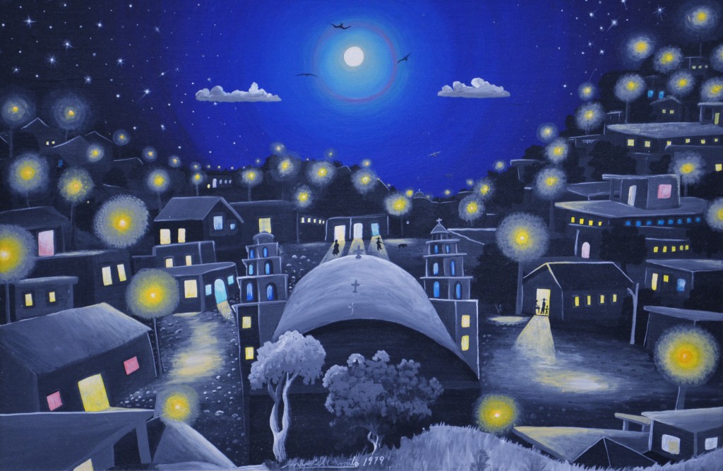 Marcial Camilo Ayala, Mexico, <em>Electricity Comes to the Village</em>, 1979, oil on board, Thompson Collection, Ramapo College of New Jersey