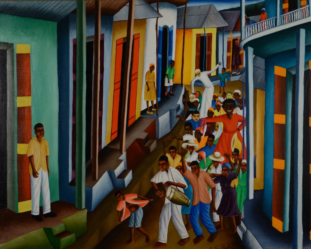 Castera Bazile, Haiti, <em>Street Scene</em>, 1959, acrylic on board, Morris/Svehla Collection, Ramapo College of New Jersey
