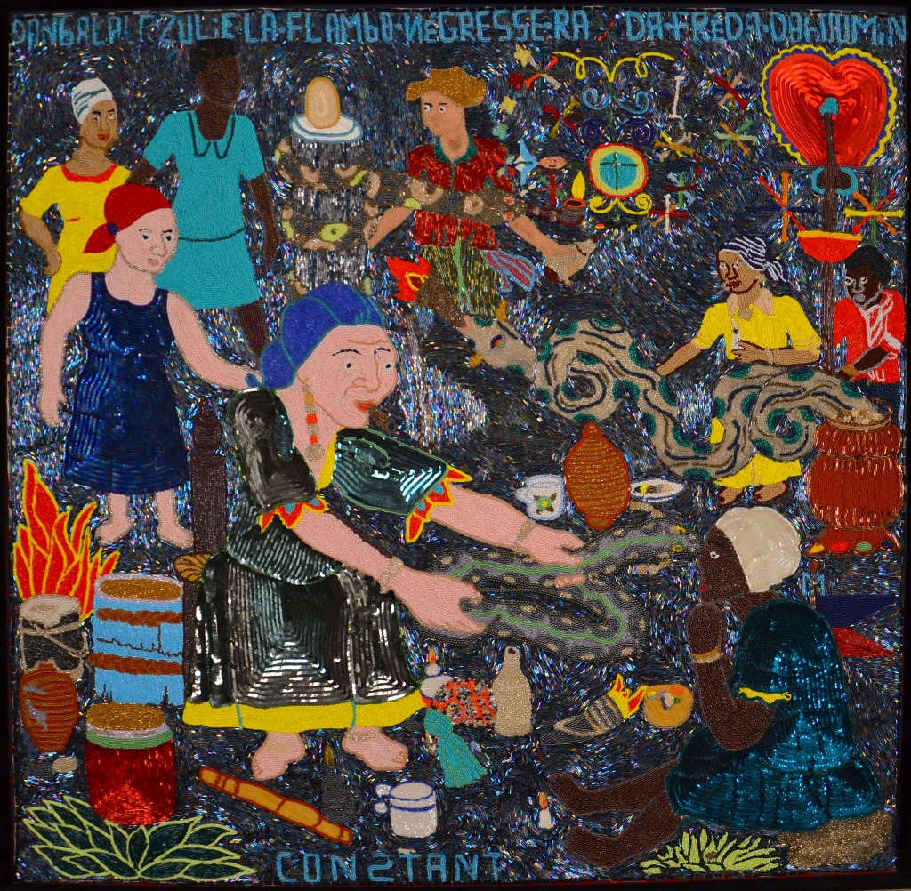 Myrlande Constant, Haiti, <em>Danbala Ezule La Fambo</em>, c. 2000, sequins and beads on fabric, Morris/Svehla Collection, Ramapo College of New Jersey