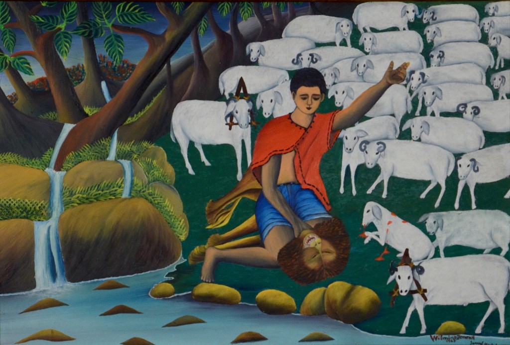 Wilmino Domand, Haiti, <em>David Slaying the Lion</em>, 1967, oil on board, Rodman Collection, Ramapo College of New Jersey, gift of Larry Kent