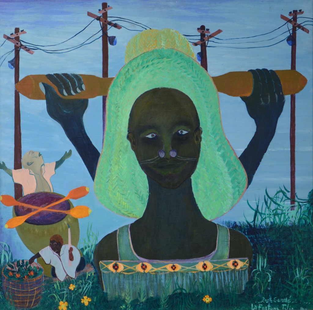 LaFortune Felix, Haiti, <em>Mambo With Telephone Poles</em>, 1980, oil on board, Rodman Collection, Ramapo College of New Jersey