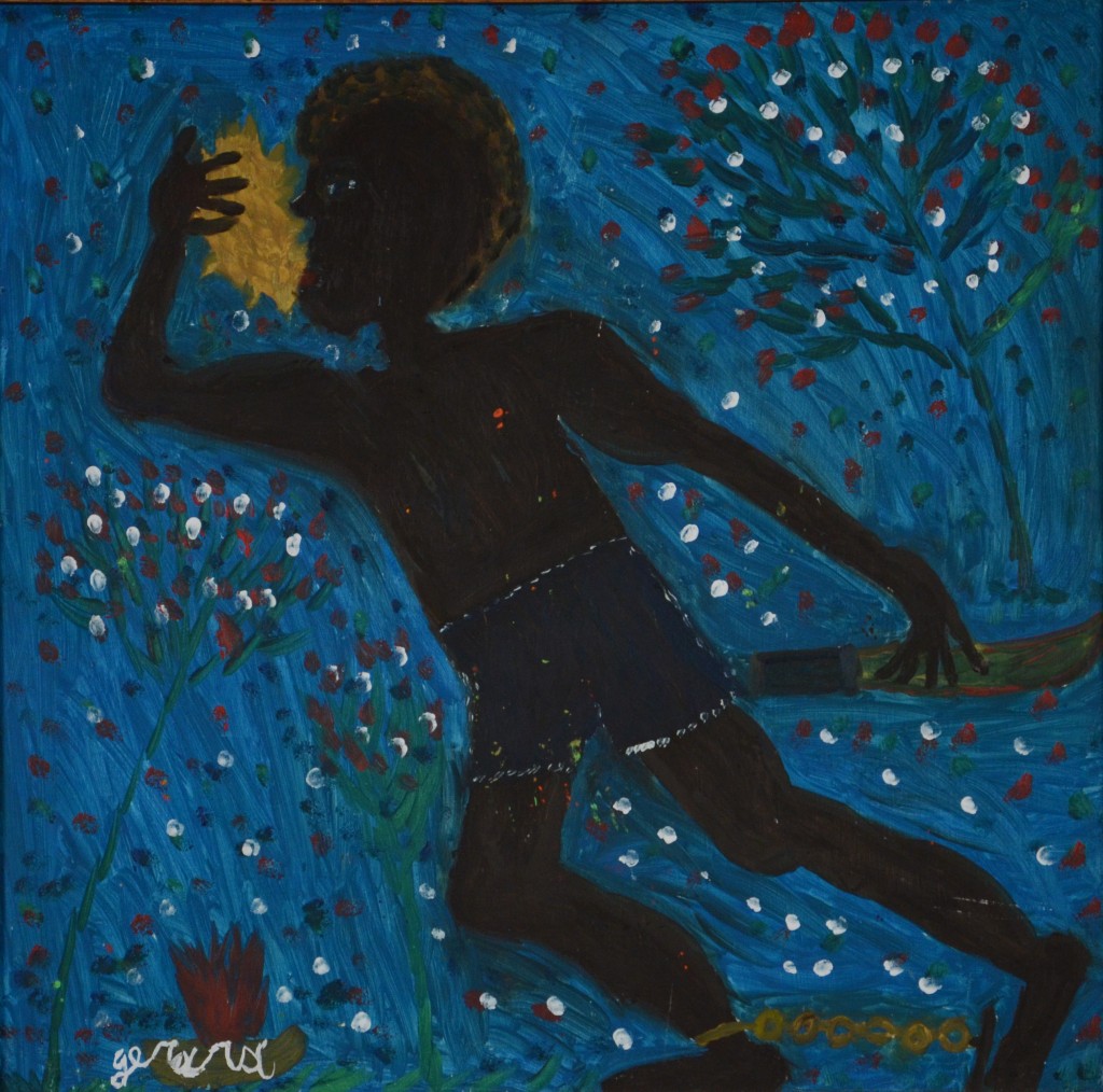 Gerard Fortune, Haiti, <em>Slave Blowing Call To Rebellion</em>, 1983, oil on board, Rodman Collection, Ramapo College of New Jersey