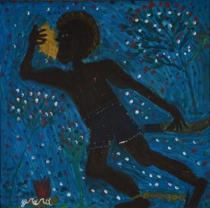 Gerard Fortune, Haiti, Slave Blowing Call To Rebellion, 1983, oil on board, Rodman Collection, Ramapo College of New Jersey