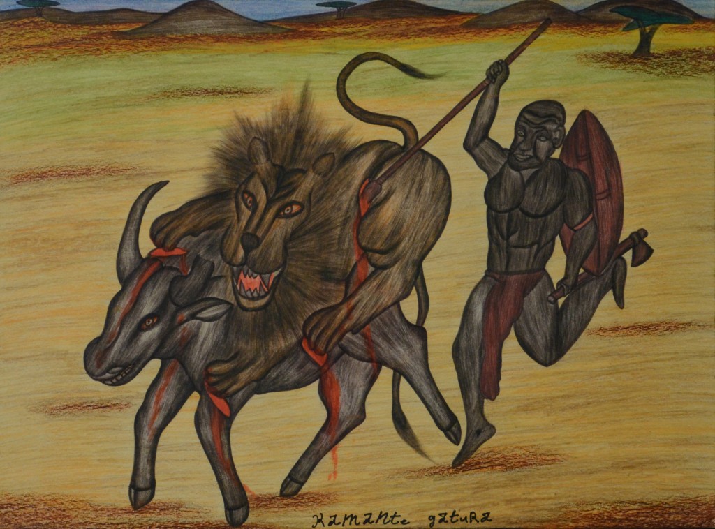 Kamante Gatura, Africa, <em>The Hunt</em>, n.d., colored pencil and ink on paper, Rodman Collection, Ramapo College of New Jersey