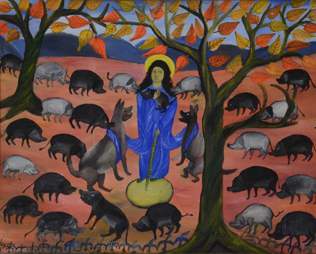 Jasmin Joseph, Haiti, <em>Vierge et Cochons</em>, c. 1950, oil on board, Rodman Collection, Ramapo College of New Jersey, gift of Larry Kent