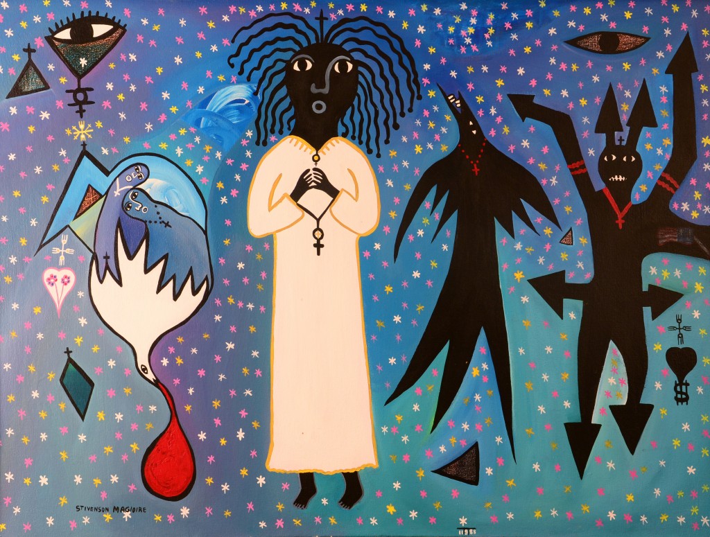 Stivenson Magloire, Haiti, <em>Pere Aristede and The Forces of Evil</em>, 1988, acrylic on canvas, Morris/Svehla Collection, Ramapo College of New Jersey