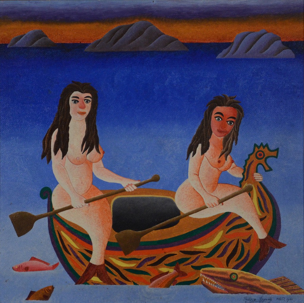 Salnave Phillipe-Auguste, Haiti, <em>Mermaids In A Boat</em>, 1961, oil on canvas board, Rodman Collection, Ramapo College of New Jersey