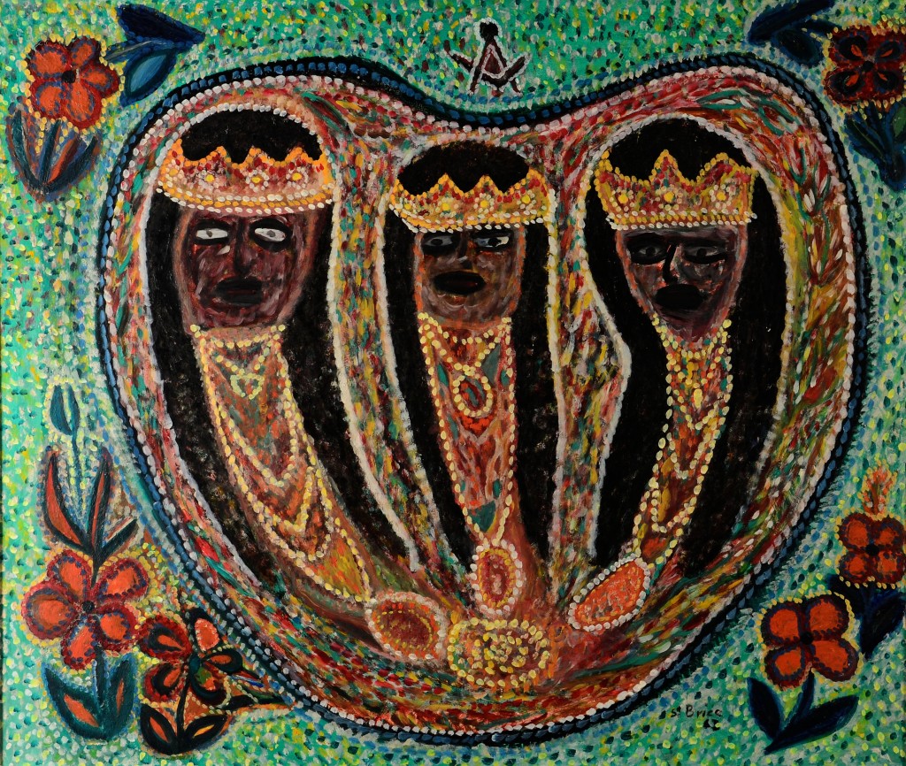 Robert St. Brice, Haiti, <em>Three Queens</em>, 1965, oil on board, Rodman Collection, Ramapo College of New Jersey