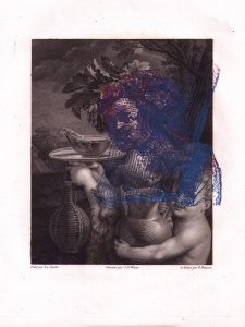Jean-Marc Superville Sovak, Bacchus Blues, 2021, monoprint on found antique engraving 