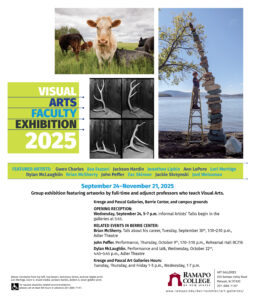 An informative image for the 2025 Visual Arts Faculty Exhibition, a group exhibition featuring artworks by full-time and adjunct professors who teach Visual Arts. Featured Artists: Gwen Charles, Eva Fazzari, Jackson Hardin, Jonathan Lipkin, Ann LePore, Lori Merhige, Dylan McLaughlin, Brian McSherry, John Peffer, Zac Skinner, Jackie Skrzynski, and Joel Weissman. September 24 - November 21, 2025.