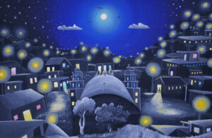 A painting of a city at night. The top center shows a white moon, clouds, and birds in a patch of bright blue. The rest of the sky is black and filled with stars. Below this sky are many buildings in shades of gray and black and blue, with yellow spots of light throughout. There are a few tiny silhouettes of people in the center and on the right of the painting.