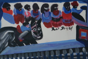 A simplistic painting of a horse race. A border of blue represents the track.At the bottom left, a jockey hunches down atop a black horse. Behind and above this horse are a series of 8 spectators. Each figure is wearing blue and red, with white eyes and mouths.