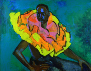 A dark-skinned person with short hair looks off to the left of the painting. The background is blue and green, and the figure has blue highlights.The figure is wearing a very bright pink, orange, and yellow ruffle around their neck.