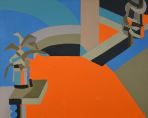 A geometric abstract in blue, turquoise, brown, black, tan, and orange. On the left side of the canvas is what may be a small potted plant. 