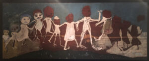 A line of stick-figure-like people stand holding hands from one side of the canvas to the other.