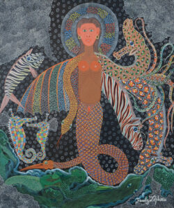 Central figure of a mermaid. The woman bares her teeth and her head is surrounded by a white, blue, red, and yellow halo. Her right arm separates into a multicolored wing and a snake, while her left becomes two giraffes and a zebra. Her tail becomes a bird at the end. Below the mermaid are green human figures and a snake. To her right are a black and white striped fish and two multicolored seahorses.
