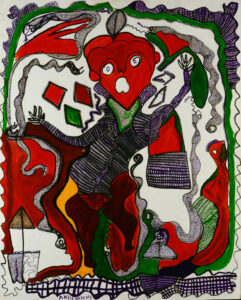 A figure with red skin and an open mouth.