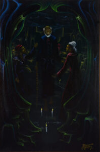 Dark-toned painting of three figures, one man and two women.