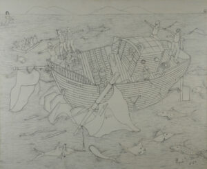 Pencil drawing of people on a boat at sea.