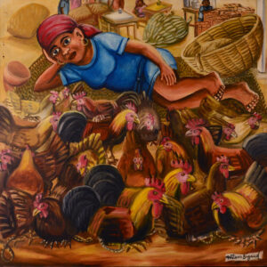 A woman in blue lies among a crowd of chickens.