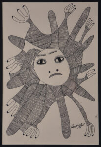 A face with a frown in the center of black-striped protrusions that make it appear as a sun.