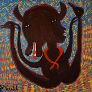A blue background with yellow and red dots. A central figure that looks like a dark-skinned person doing a split and holding their legs in their hands. The ends of the legs are bird heads, and the head is made up of two faces- the left is bull-like and the right is human-like. The figure has horns and a red cravat.