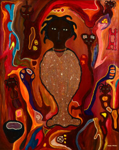 A predominantly red painting of several elongated figures in swirls of color. The central figure has no limbs but a fish-shaped body.