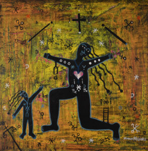 A green-yellow background with two central figures. One, very small, lifts up a hand to the other, very tall. The tall figure has a heart on its chest and various other white shapes on its black torso and arms. There are symbols and shapes surrounding them and a cross just above the tall figure's head.
