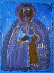 Predominantly blue painting of Madonna and Child.