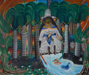 A person sits with their feet in a river. The river has two snakes, two fish, and a duck in it. The person is in white robes and a tall white hat. They are as tall as the palm trees surrounding them.