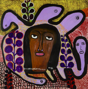 A painting of a person's head inside a purple 5-headed creature.
