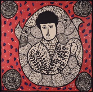 Background is red with blue dots, the rest of the piece is black and white. Four spiraling circles in the corners and one central figure inside a bull's head as seen from above.