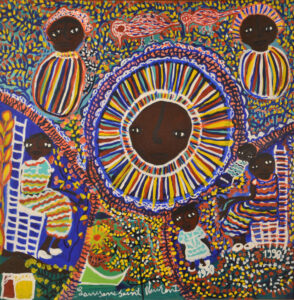 A painting with colorful background and 7 figures. The central figure resembles a sun or a flower with many-colored rays protruding from the head. The top two corners sport identical figures of people with pink headwear and striped shirts. The bottom left and right persons sit in high-backed chairs. The person on the right has a child above and below them.