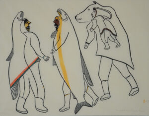 Three figures. Left figure is a man inside of a seal, as is the middle figure. The right figure is a child inside a bear with human legs.