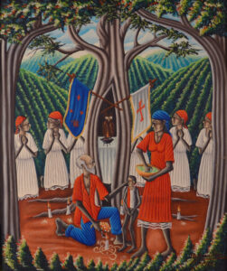 Two tall, red-clad people and one small red-and-white person in the center and 5 white-clad people in the background. There are three trees stretching from top to bottom of canvas on either side and in the center.