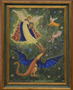 A painting of three angels fighting a dragon. The dragon takes up the lower half of the picture plane, orange with blue wings. Top right, two small angels in orange and pink. Top left, one large angel with a shield and spear, dressed in white with a pink and blue robe.