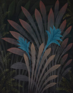 A painting of jungle plants. Dark background, layers of tall and softly piked plants growing from the ground, with two blue and spiky offshoots.