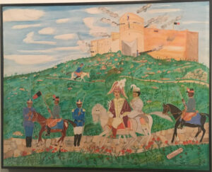 A painting of army men on horseback and on foot, traveling a trail to the left. Above them, in the background, is a fort with firing cannons.
