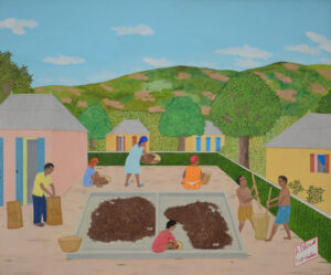 An urban landscape painting of people gathering coffee beans.